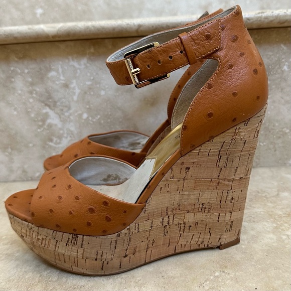 MICHAEL KORS Ariana Platform Wedges - Cork Wedge Ostrich Leather - Size 7-1/2 M - Picture 2 of 9